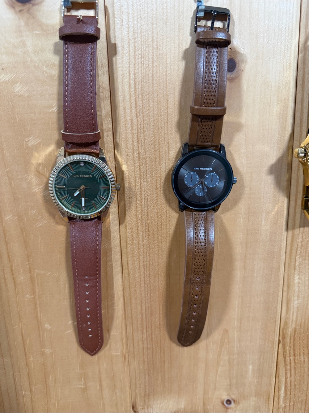 Van Heusen Men's Green Dial Watch with Brown Leather Strap